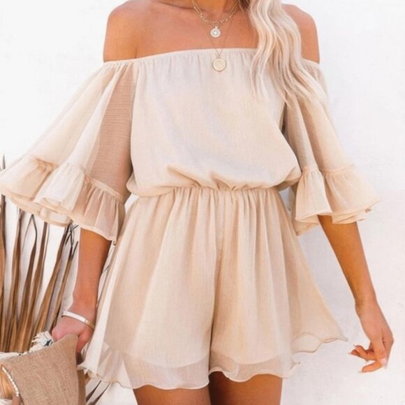 Pants - Beige Off Shoulder Bell Sleeve Romper | Flowy Summer Boho Vacation Outfit